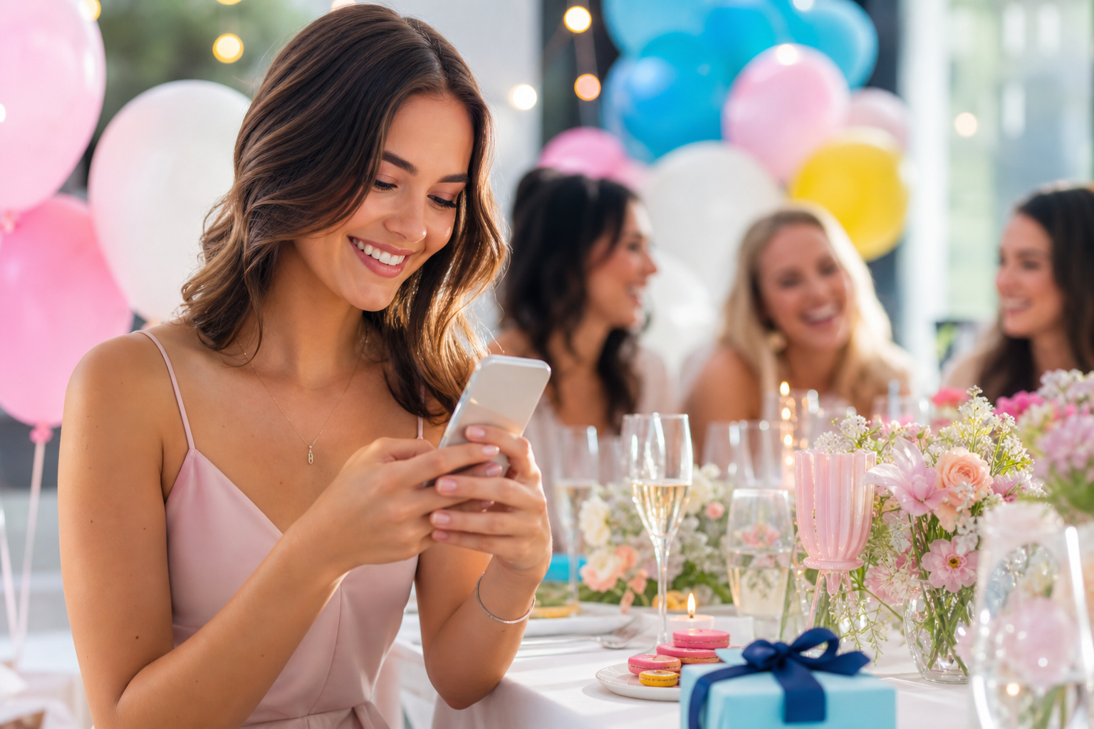 Invitata che conferma la presenza da smartphone durante una festa luminosa
