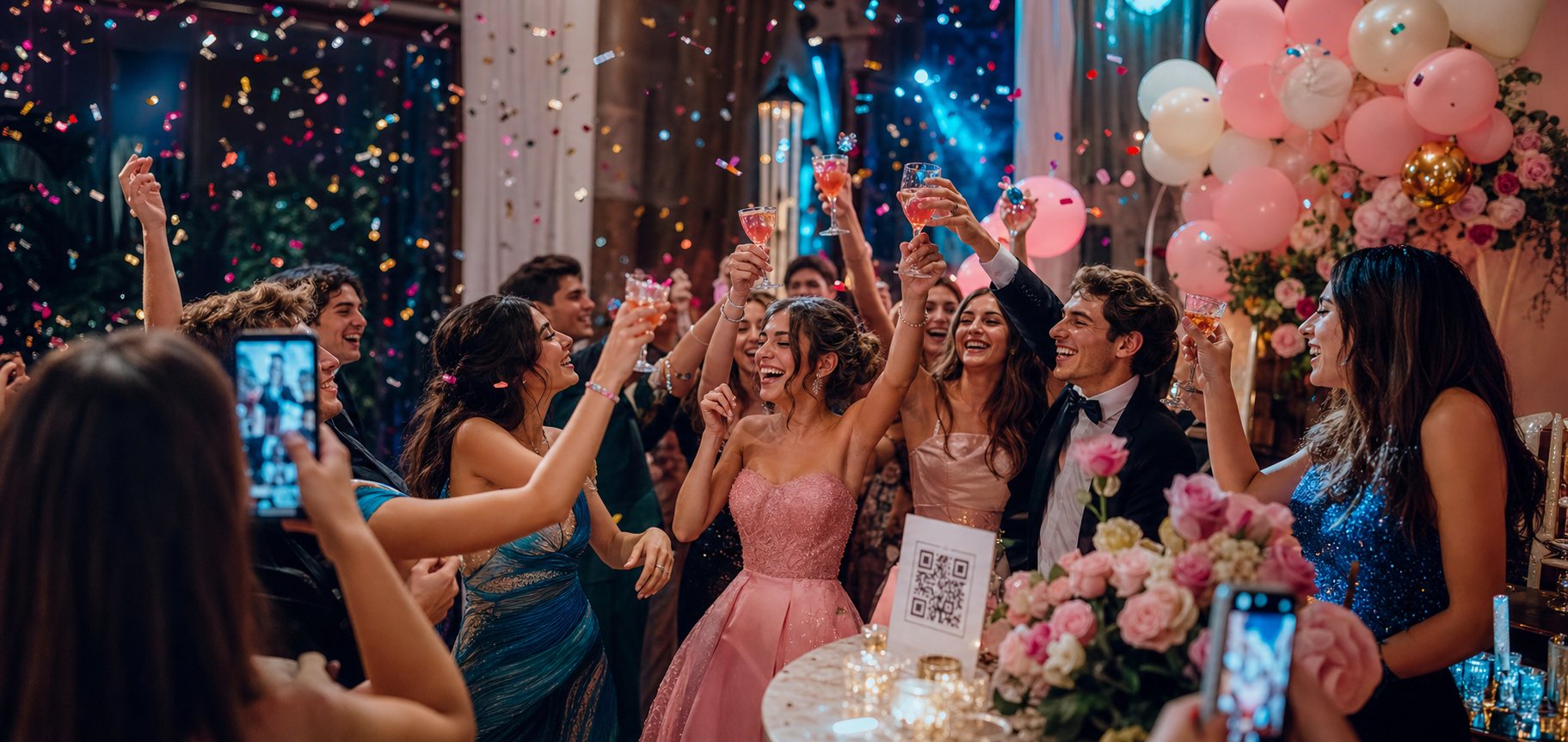 Festa luminosa con invitati che brindano, ballano e registrano video