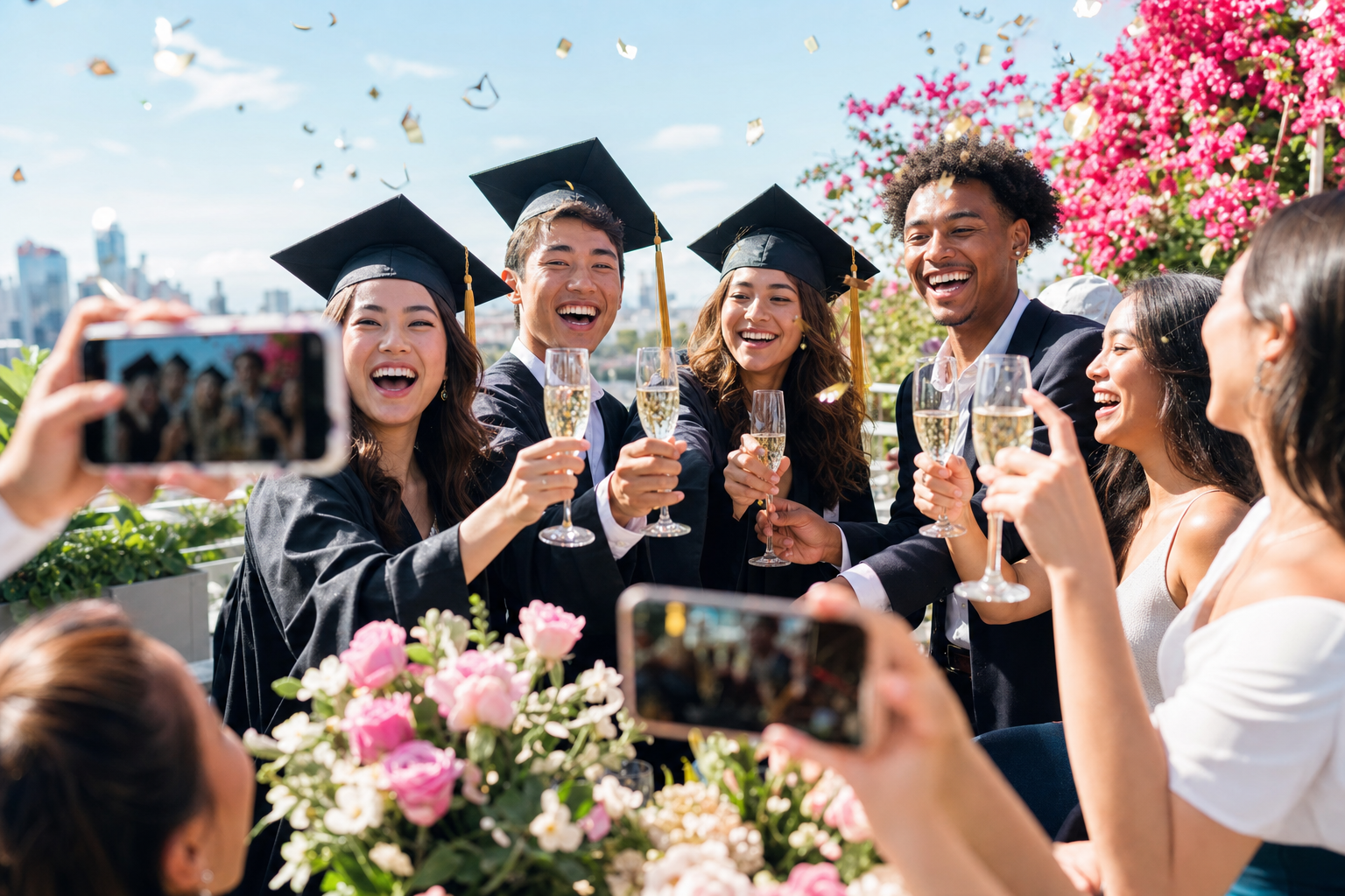 Amici che brindano durante una laurea