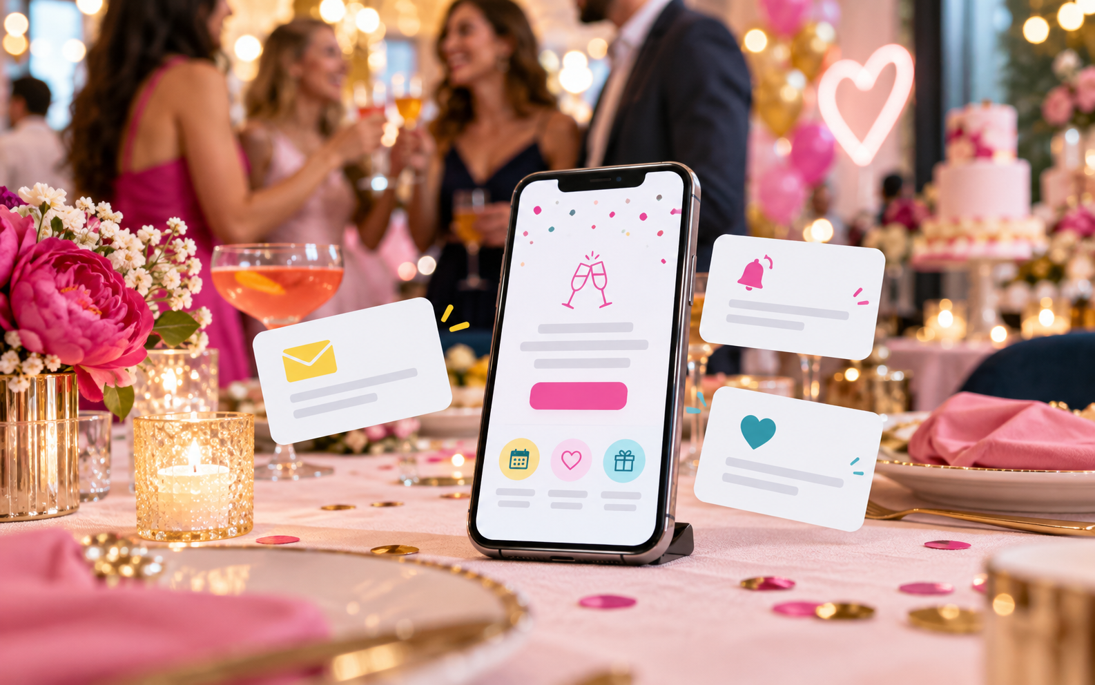 Smartphone su tavolo festa con invito digitale, promemoria e ringraziamento coordinati