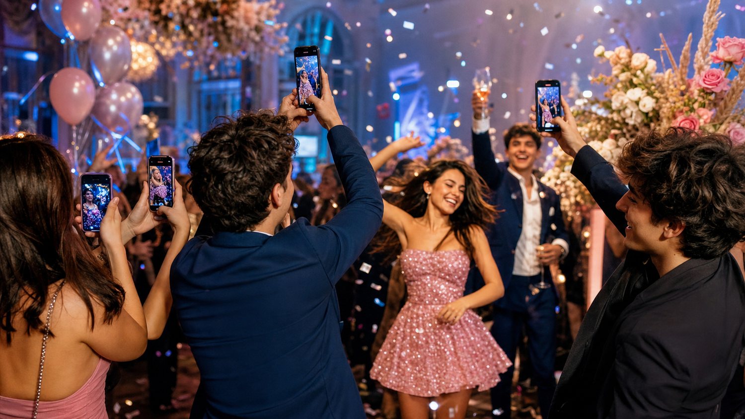 Invitati che riprendono e fotografano i momenti di una festa